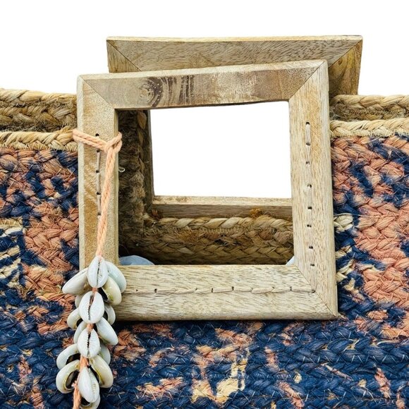 Natural Jute Woven Tote Peach Black 19”x14” Square Wood Handle Shell Tassel - Picture 7 of 16